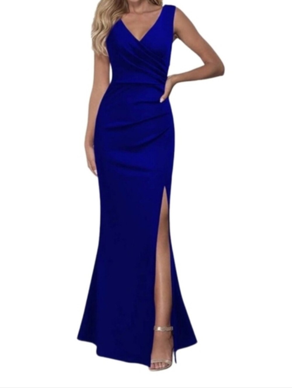WOOSEA LONG BODYCON BLUE SLEEVESS GOWN MAXI DRESS V NECK SIZE MEDIUM LIKE NEW!